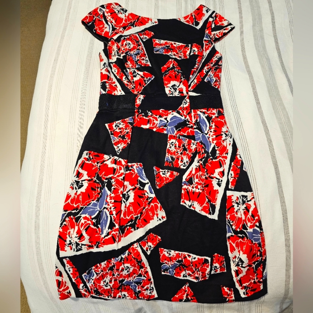 French Connection Capped Sleeve Dress, Red & Black, Size 2